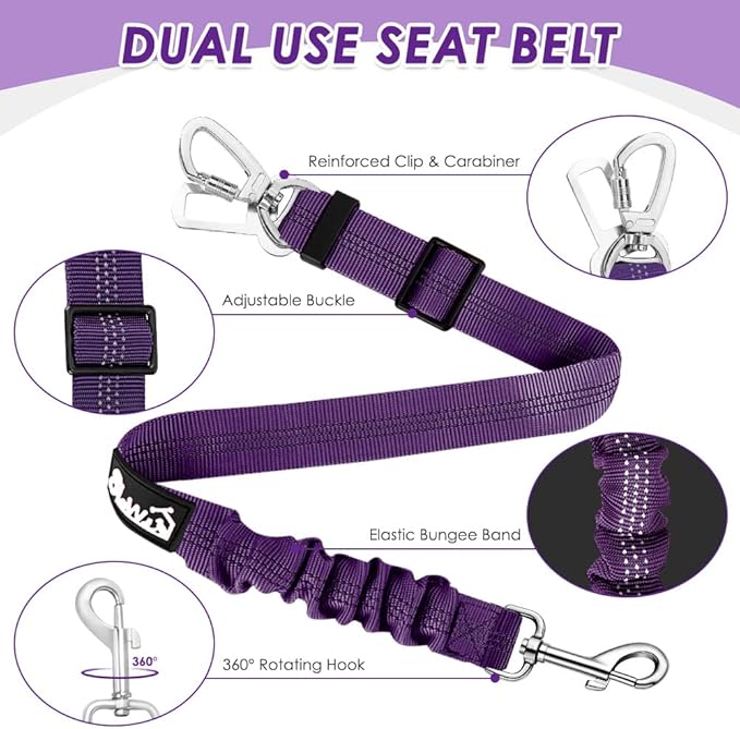 Lukovee Dog Seat Belt for Car, Adjustable Dog Car Harness for Large Medium Small Dogs, Soft Padded & Breathable Mesh Dog Seatbelt with Car Strap and Carabiner (Purple,S)