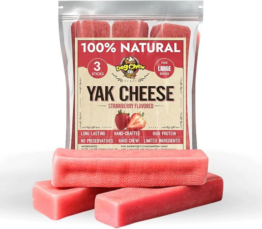 Tibetan Dog Chew Yak Cheese Sticks (3 Large Chews) Strawberry Flavored - Handmade Treats for Large Dogs, Long-Lasting, Easy to Digest, Grain-Free, Gluten-Free, for Aggressive Chewers
