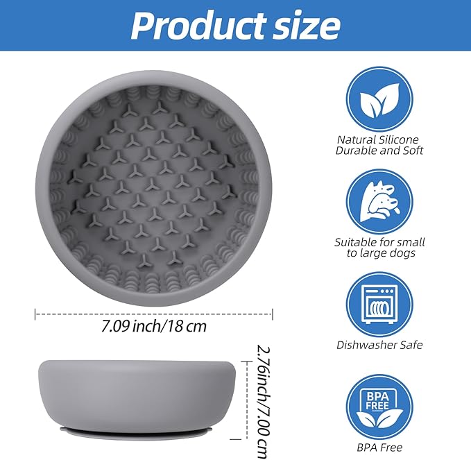 Dog Lick Bowl,Silicone Slow Feeder Bowls for Dogs ，Anxiety Relief Lick Mat for Dogs, Interactive and Enrichment Toys (Grey, Large)