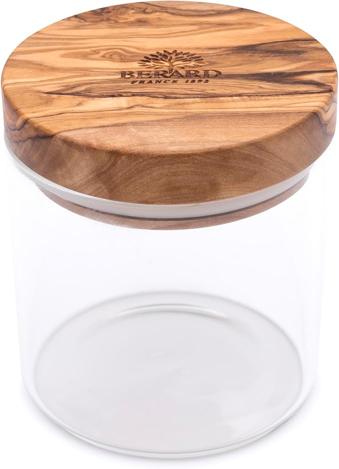 Berard Glass Storage Jar with Olive Wood Lid, 13.5-Ounce Brown