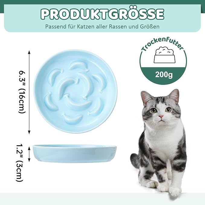 Ceramic Cat Slow Feeder Bowl - Pastel Series Cat Plate for Dry and Wet Food - Cute Maze Feeder Dish for Healthy Eating - Dishwasher Safe - 6.3''W x 1.2''H - 7 OZ - Pale Blue