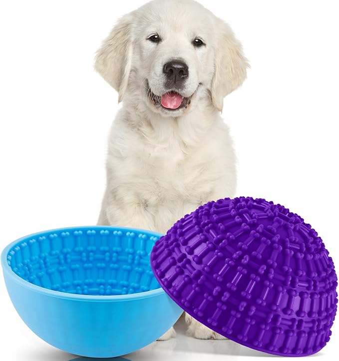 Patelai 2 Pcs Dog Enrichment Lick Bowls Silicone Freeze Bowls Interactive Cat Licking Mats Slow Feeders for Pet Oral Health Boredom Anxiety Relief, Wobble or Stay Put(Blue, Purple,Bone)