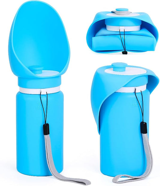 Portable Dog Water Bottle, 2-in-1 Leak Proof & Collapsible Silicone Pet Dispenser with Built-in Bowl, Food Grade Travel Cup for Walking, Hiking (19oz/550ml, Blue)