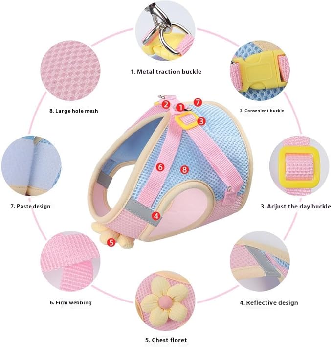 Floral Mesh Dog Harness with Matching Leash, Lightweight Pet Vest,Suitable for Small and Medium-Sized Cats and Dogs to Wear， Pink/Yellow (Pink, M:12-15lbs)