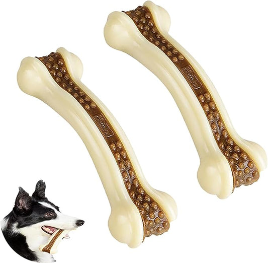 Dog Bones Chew Toys for Aggressive Chewers, 2 Pack Real Beef Flavor,Indestructible Dog Teething Chew Toys for Large/Medium/Small Breed,Tough Dog Toy with Durable Nylon