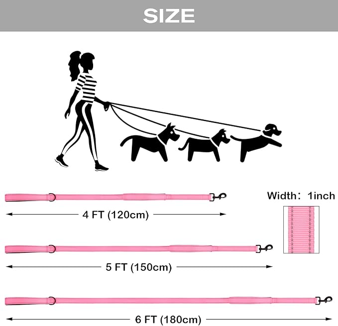 Joytale Dog Leash Heavy Duty for Large Dogs That Pull, Double Handle for Traffic Control, Double-Sided Reflective Leashes for Large Medium Dogs Night Safety, 5FT, Pink