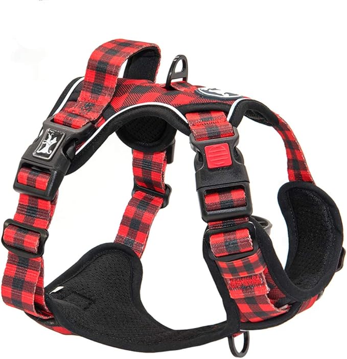 PoyPet No Pull Dog Harness, [Release at Neck] Reflective Adjustable No Choke Pet Vest with Front & Back 2 Leash Attachments, Soft Control Training Handle, Plaid(Checkered Red, L)