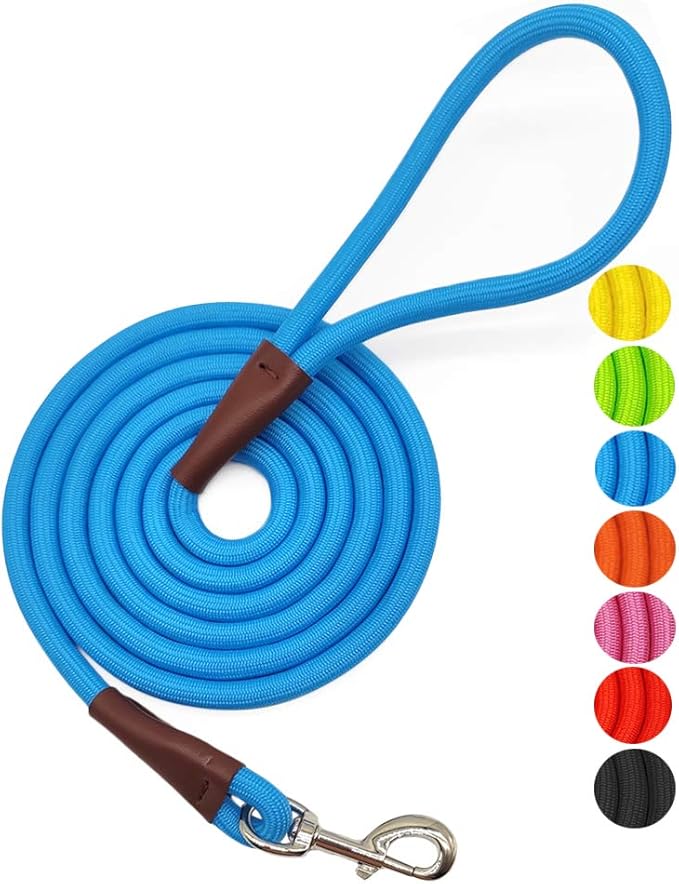 MayPaw 4/6 /8/10 FT Dog Leash, Classic Solid Colors, Strong Nylon Rope Dog Leash Reinforced with Leather Tailor Connection Heavy Duty Silver Clasp (Blue, 8ft*1/2")