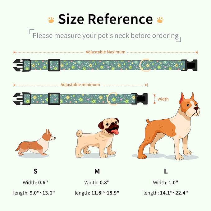 Cotton Dog Collar,Adjustable Cute Puppy Collar with Moon Patterned Design for Small Medium Large Dogs,Soft and Fancy Pet Collar with Safety Buckle for Girl Boy Dogs (Green Star, L)