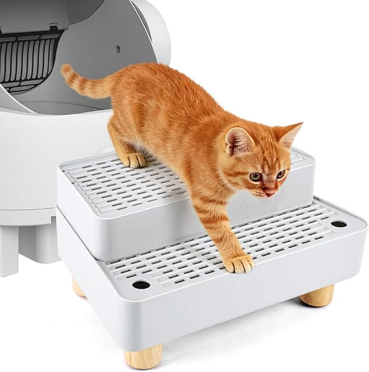 Adjustable 2 Steps Litter Box Ramp, Cat Litter Catcher Mat with Wooden Feet, Filter Function, Litter Box Step for Small & Elderly Cats, Fits Automatic Litter Boxes (Light Grey)