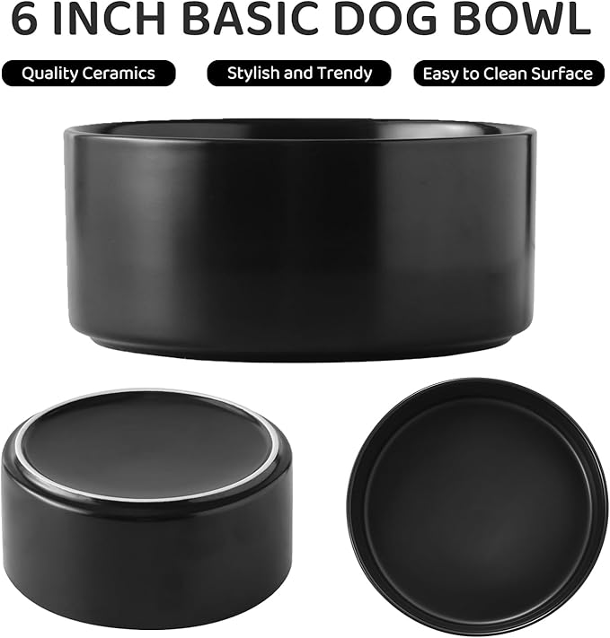 Raised Ceramic Dog Bowl Set - Elevated Dog Bowls with Non Slip Bamboo Stand, Food and Water Bowl Set for Small and Medium Breed Dogs, Pet Bowls, Weighted Dogs Dishes (6'', 2 * 30OZ, Black)
