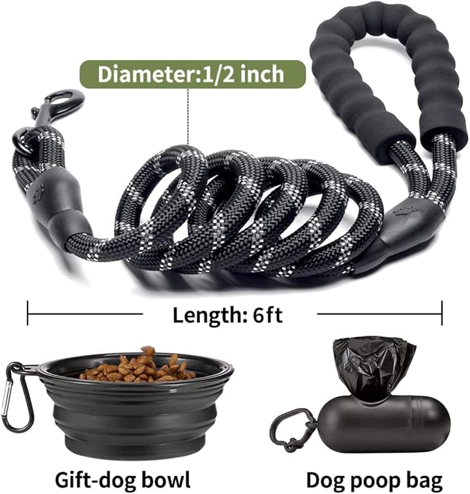 COOYOO 2 Pack Dog Leash 6 FT Heavy Duty - Comfortable Padded Handle - Reflective Dog Leash for Medium Large Dogs with Collapsible Pet Bowl
