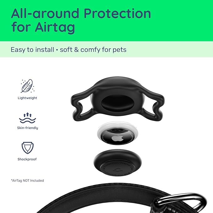 Airtag Dog Collar, Reflective Ultra-Durable Nylon Padded with QR Code Buckle & IP68 Waterproof Air Tag Holder Compatible for Apple AirTag, Comfortable for Small Medium Large Dogs (Black, XS)