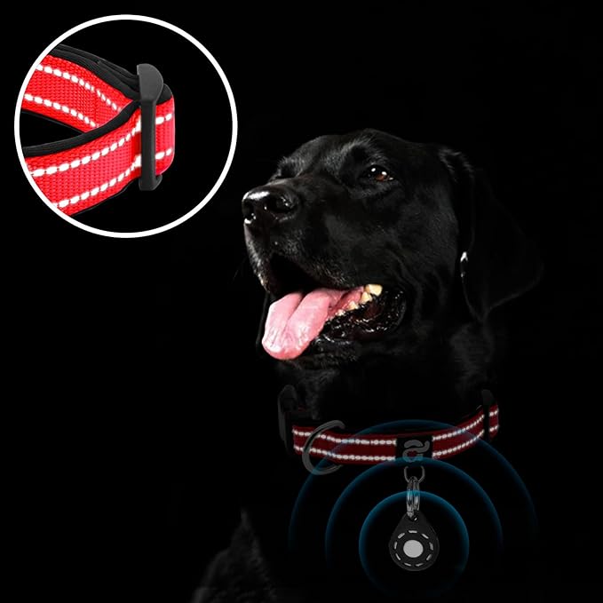 azuza Reflective Dog Collar with Airtag Holder, Soft Neoprene Padded Pet Collar with ID Tag Ring, Adjustable for Medium Dogs,Red,XS