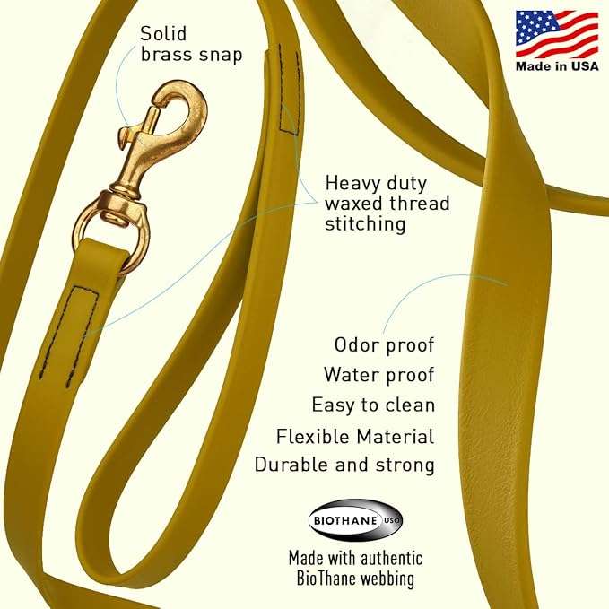Viper Biothane K9 Working Dog Leash Waterproof Lead for Tracking Training Schutzhund Odor-Proof Long Line with Solid Brass Snap for Puppy Medium and Large Dogs 20in, Treasure Gold
