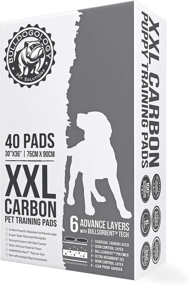 Bulldogology Charcoal XXL Pee Pads for Dogs (30x36) Puppy Pee Pads with Adhesive Sticky Tape - Leak Proof Charcoal Puppy Pads - Ultra Absorbing Charcoal Dog Pads - Activated Carbon Pee Pads (40-Count)
