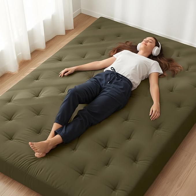 ZonLi Japanese Floor Futon Mattress Queen Size 60"x80"100%Cotton Cover 6''Thicken Tatami Mattress,Foldable Sleeping Pad,Portable Dormitory Tatami Mat,Roll Up Floor Lounger Bed for Adult (Winter Moss)