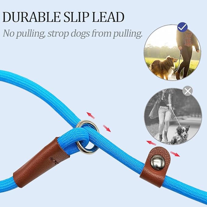 MayPaw Slip Lead Control Leash for Dogs No Pull, 13+ Colors Classic Dog Lead 7FT Pet Slip Leash, 1/4” Rope Leashes for Small Medium Animals (7ft*1/4", Blue)