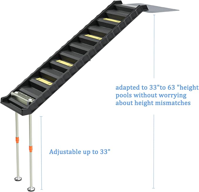 Foldable Dog Pool Ramp with 33" Legs for Free Height Adjustment,Safe & Easy Access Dog Water ramp for Pool, Pool Ramp for Dogs Up to 200lbs (Black)