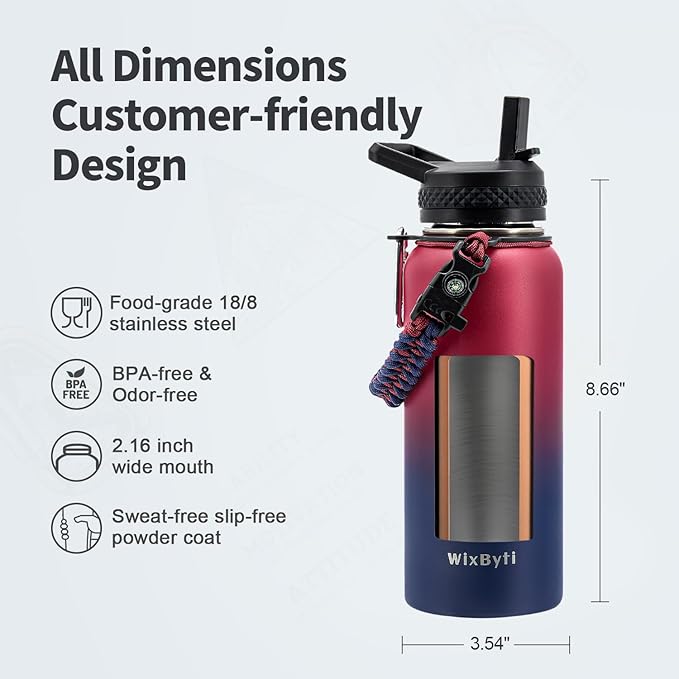 32 oz Insulated Water Bottle with Straw (Cold for 48 Hrs), Stainless Steel Triple Wall Vacuum Sports Water Jug, Leakproof Hydro Cup Flask with Paracord Handle & Straw Spout Lids & DIY Stickers