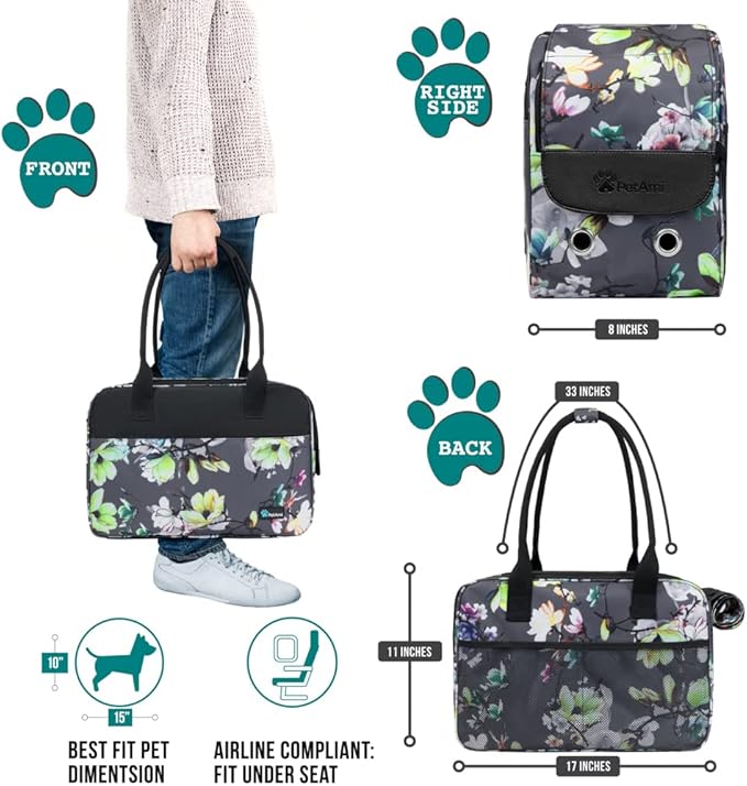 PetAmi Dog Purse Carrier for Small Dogs, Airline Approved Soft Sided Pet Carrier with Pockets, Ventilated Dog Carrying Bag for Puppy Cat, Dog Travel Supplies Bag, Sherpa Bed, Max 12 lbs, Floral Gray