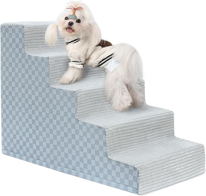 Vfrog Dog Stairs for Small Dogs,22" H,5-Step Dog Steps Ramp for Bed and Couch with High Density Foam,Non-Slip Pet Steps for Dogs and Cats,Pet Stairs with a Washable Cover,Grey
