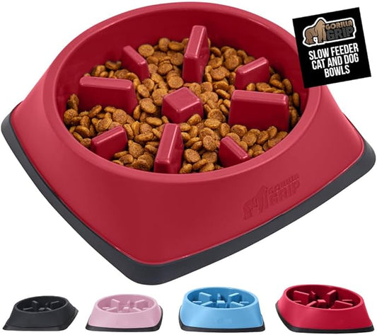 GORILLA GRIP Patented BPA Free Slow Feeder Dog Bowls, Interactive Puzzle Toy for Dogs and Cats Food Training Enrichment, Keeps Pets Busy and Prevents Puppy Overeating, Small Breeds, 1 Cup, Red