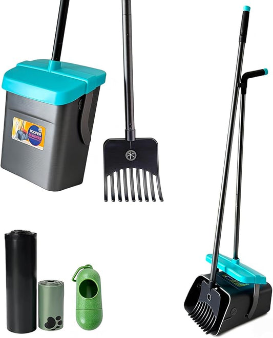 46" Pooper Scooper Swivel Bin & Rake for Large Small Dogs with Bag Attachment, Long Handle Poop Scooper with Lid for Yard (Blue)