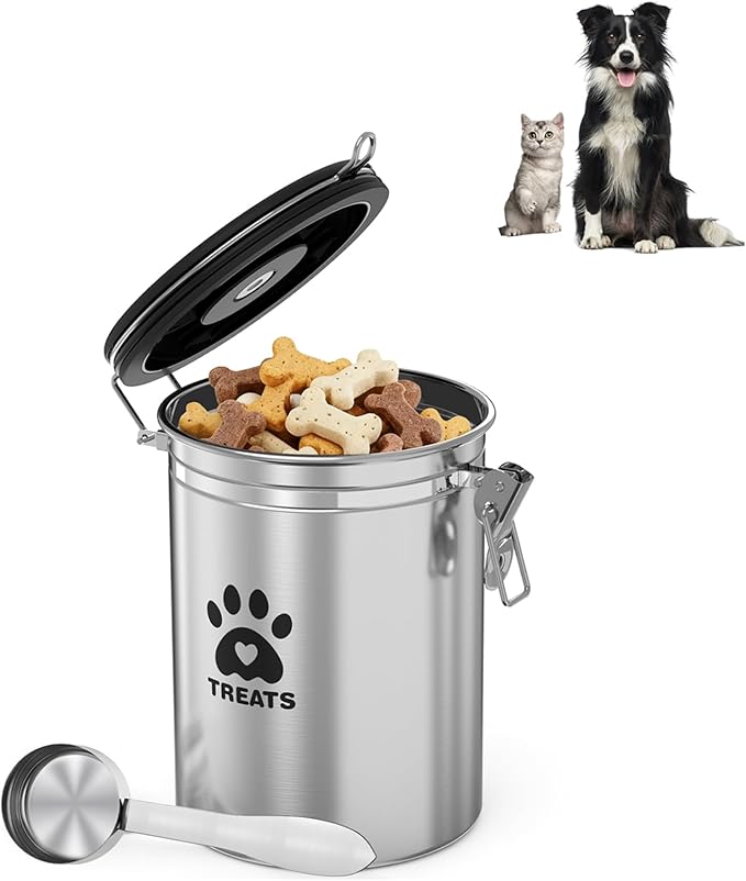 Dog Treat Container Airtight- 7.2"x4.7" /1.8L Stainless Steel Cat Treat Jar for Kitchen Counter with Scoop, Pet Storage for Fresh Dog Cookie
