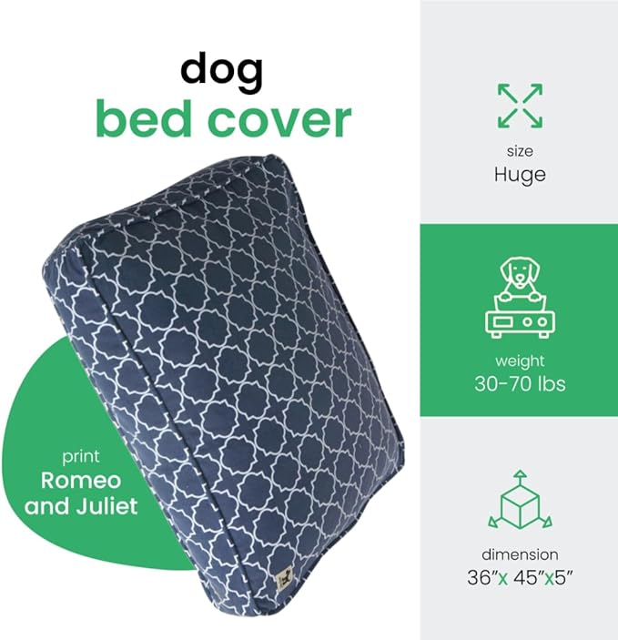 Molly Mutt Huge Dog Bed Cover - Romeo & Juliet Print - Measures 36”X45”X5”- 100% Cotton - Durable - Breathable - Sustainable - Machine Washable Dog Bed Cover (Dd35Ac)