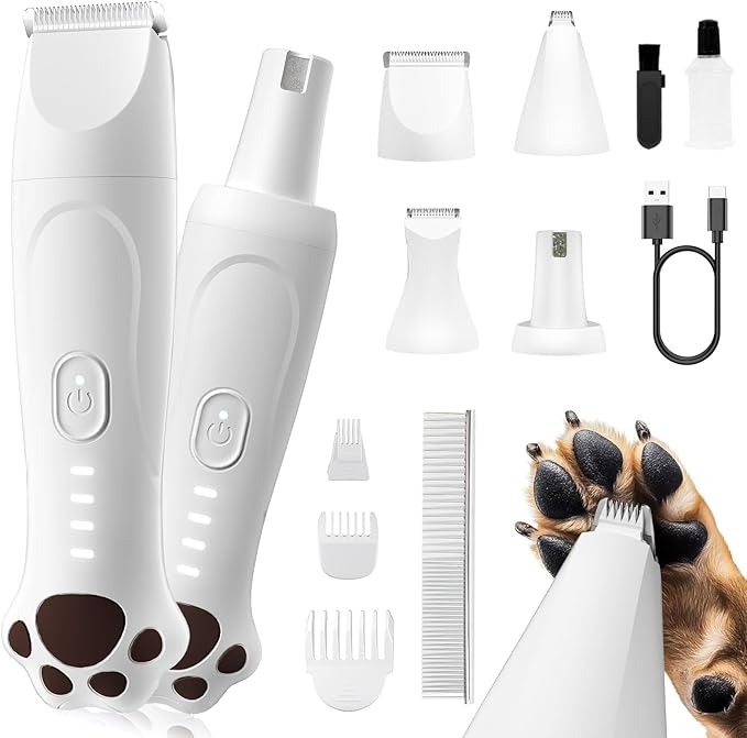 Dog Clippers for Grooming - 4-in-1 Dog Clippers Grooming Kit with Low Noise & IPX7 Waterproof Design Includes Comb Paw Trimmer Nail Grinder - Rechargeable & Cordless Dog paw Trimmer（White）