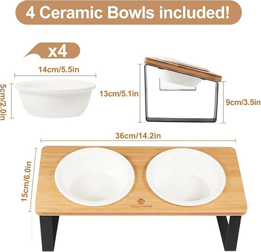 Sunhoo Elevated Cat Bowls for Indoor Cats Ceramic Kitty Dish Food Water Raised Tilted Puppy Feeding Sation with 4 Dishes Wooden Stand Pet Feeder Metal Legs Orthopedic Reduces Vomiting（Yellow）