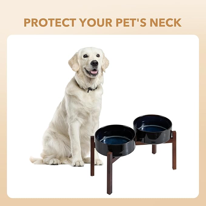 Ceramic 8.2inch Raised Double Dog Bowls Set with Acacia Wood Stand, Food & Water Bowls for Large Breed Dogs, Weighted Pet Dishes(60oz, Starry Sky)