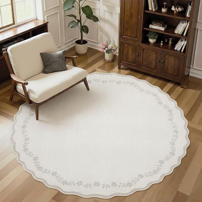 GarveeHome Round Area Rugs 5ft for Bedroom, Solid Beige Washable Circle Rug Soft Non Slip Floral Print Floor Mat Carpet Indoor Thin Rug for Kids Room Dining Room Playroom Nursery