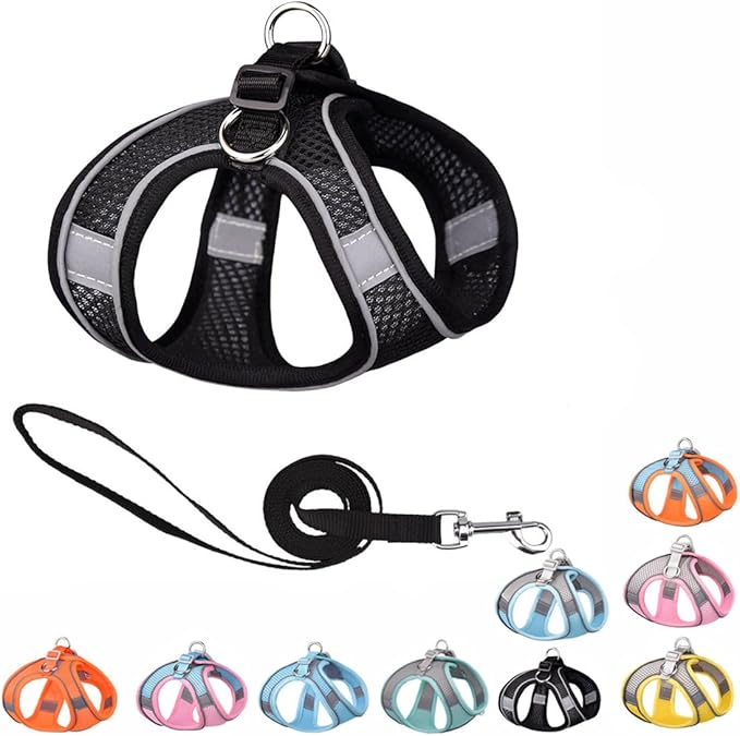 Black Dog Harness for Small Dogs, No-Pull Puppy Harness with Leash for Easy Walk, Breathable Mesh Reflective Cat Vest for XXS Xs Small Medium Breed Pet Dogs, S