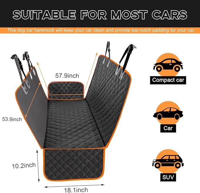 Dog Car Seat Cover, 600D Heavy Duty Waterproof Durable Auto Hammock for Pets, Scratch Proof Nonslip Dog Back Seat Protector Cover, Universal Car Accessories for SUVs Trucks (Orange)