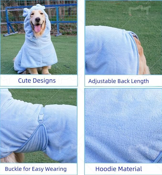 Pet Bathrobe for Dog Cat Absorbently Quick Drying Coat Cute Dogs Bath Towel Hooded Robe Adjustable Collar & Belly Strap for Pool Beach (Blue, Large)