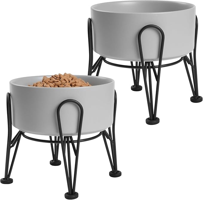 Elevated Dog Bowls, Ceramic Raised Dog Bowl Set with Anti-Slip and Non-Tip Metal Stand, 2 Pack Pet Food and Water Feeding Bowls for Small and Medium Dogs (Gray,3.6 Cups)
