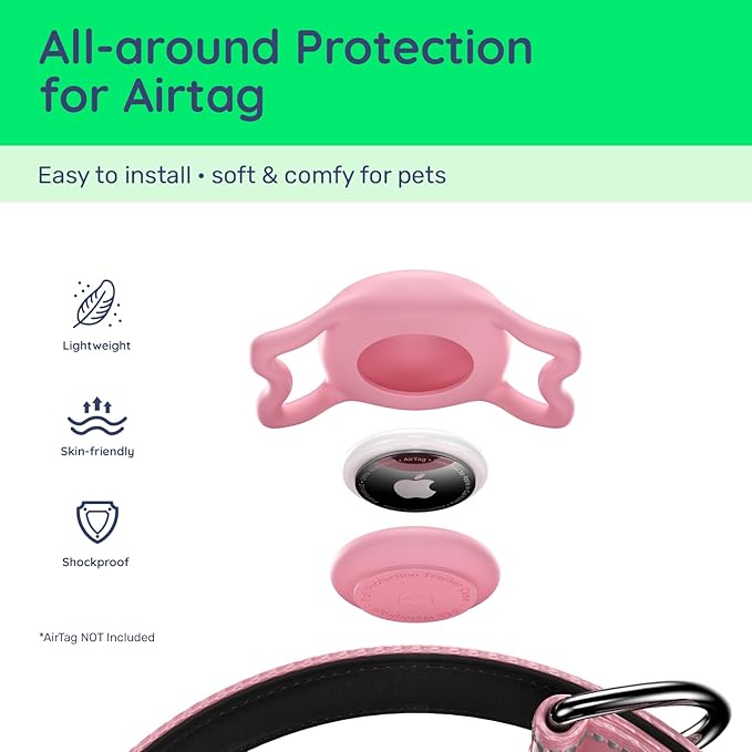 Airtag Dog Collar, Reflective Ultra-Durable Nylon Padded with QR Code Buckle & IP68 Waterproof Air Tag Holder Compatible for Apple AirTag, Comfortable for Small Medium Large Dogs(Pink,S)