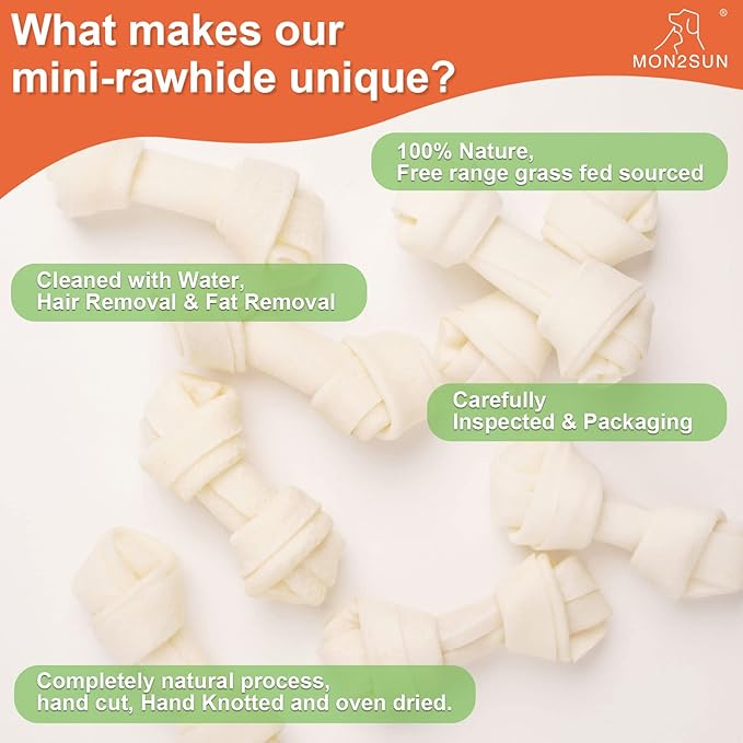 MON2SUN Dog Rawhide Knot Bones Small Rawhide Mini Chew Bones Natural 2.5 Inch 100 Count for Puppy and Small Dogs