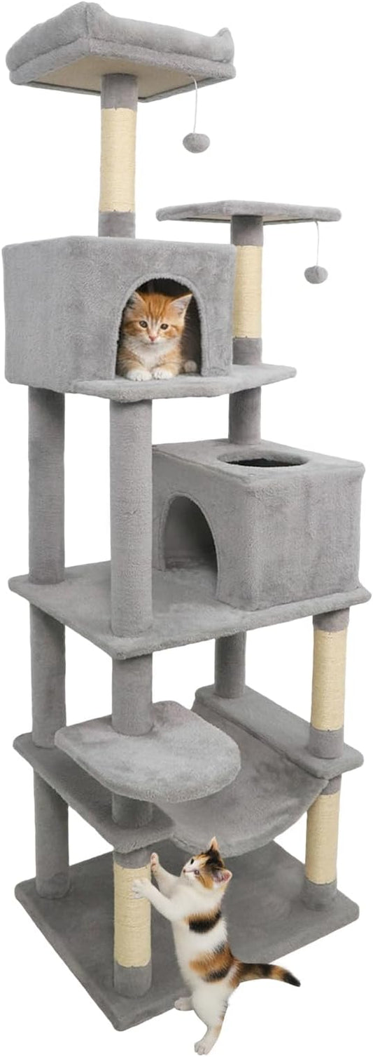 Tangkula Cat Tree for Indoor Cats, 75 Inch Extra Tall Cat Tower with Sisal Scratching Post, Padded Top Perch, Dual Condos, Hammock, 2 Dangling Balls, Platforms, Multi-Level Cat Climbing Furniture