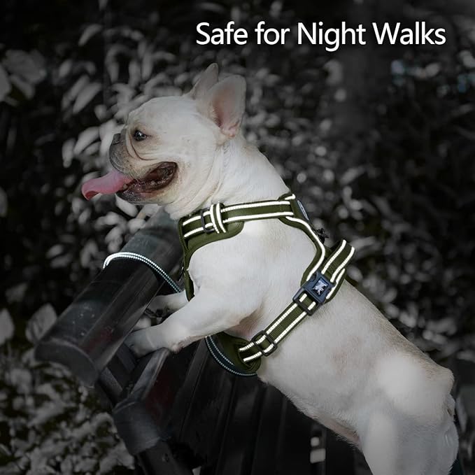 PoyPet No Pull Dog Harness, No Choke Reflective Dog Vest, Adjustable Pet Harnesses with 2 Leash Attachments with Easy Control Padded Handle for Small Medium Large Dogs(Military Green,XL)