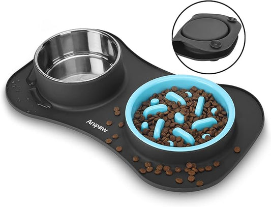 Slow Feeder Dog Bowls 3 in 1 Stainless Steel Food and Water Bowls with Non-Spill and Skid Silicone Mat to Slow Down Eating for Large Medium Small Breed Size Dogs and Cats