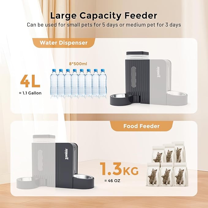 Gravity Cat Food and Water Dispenser Set with 304 Stainless Steel Bowls, 2 in 1 Automatic Cat Feeder with 180 Degree Rotatable Water Bowl, Large Capacity for Puppy Kitten Rabbits, Grey