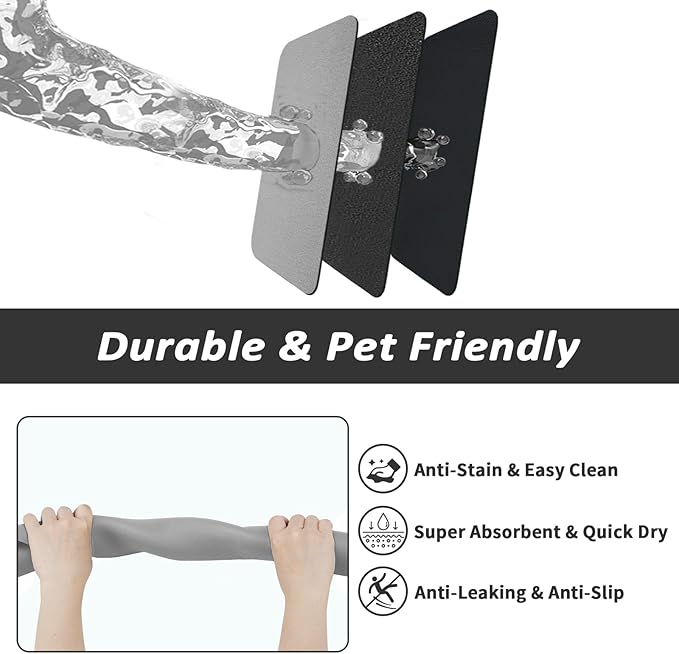 Dog Food Mat - Absorbent Cat Mat for Food and Water, No Stains Pet Feeding Bowl Mat, Easy to Clean Pet Placemats, Quick Dry Dog Water Dispenser Mat for Messy Drinkers | Grey 18"x 34"