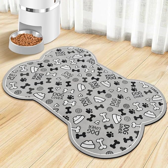 Dog Food Mats for Floors Waterproof, Pet Feeding Absorbent Water Bowl Mat Cat Placemats Gray Bone Shape 19 * 12 inch