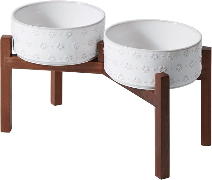 Ceramic 8.2inch Raised Double-Bowl Set with Acacia Wooden Stand, Food & Water Bowls for Large Breed Dogs, Weighted Dog Dishes, Pet Bowl (60 oz)