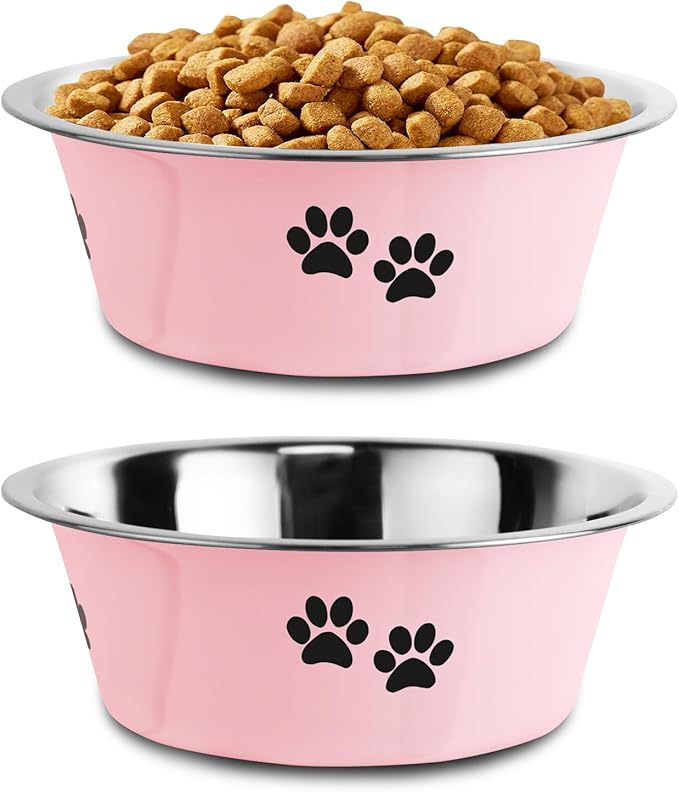 Stainless Steel Dog Bowls, Nonslip Rubber Bottom No Spill Proof Skid Metal Insulated Dog Bowls for Large Medium Small Breed Dogs (Pink, 6.6 Cups/53 OZ)