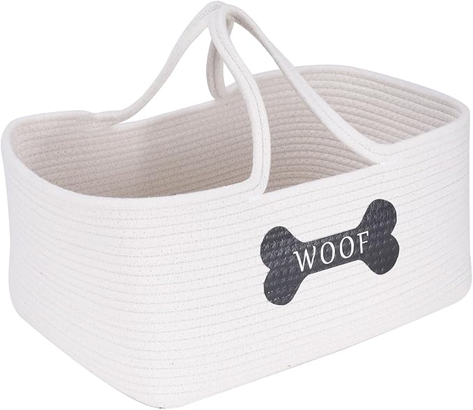 Woven Dog Toys Basket,Cotton Rope Baskets for Dog Cat Accessories,Pet Storage Tote with Long Handle for Snack and Camping Essentials,Ideal for Car Trunk, RV trip,Picnic