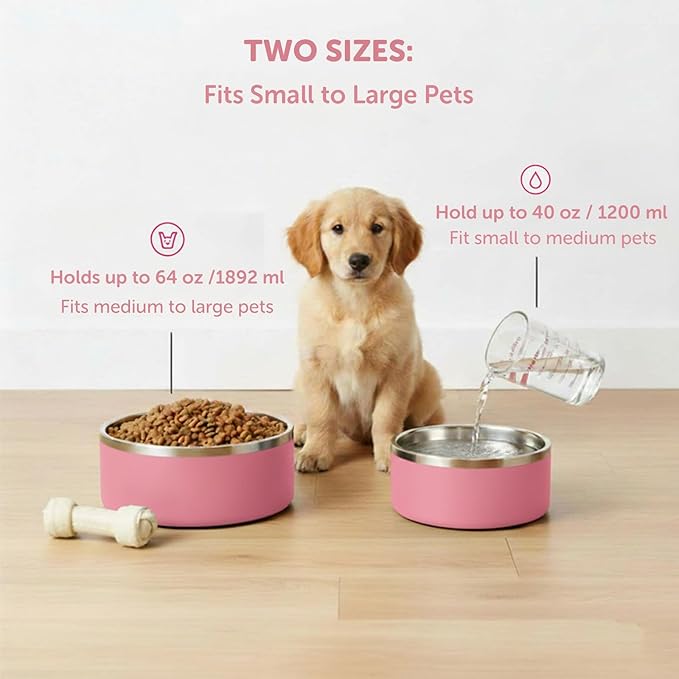 Dog Bowls, Stainless Steel Dog Food and Water Bowl for Small to Large Breed, Anti-Slip, Dishwasher Safer, Rust-Resistant, Easy to Clean, Weighted Durable Metal Bowl (Pink, 40 oz)